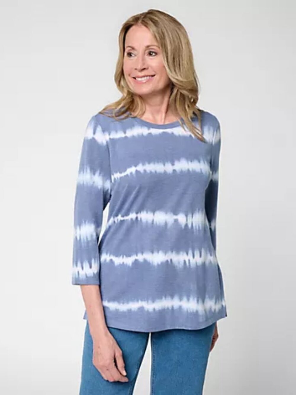 Denim & Co. Regular Soft Blend Tie Dye Stripe Printed Top, Indigo Sz L a726382